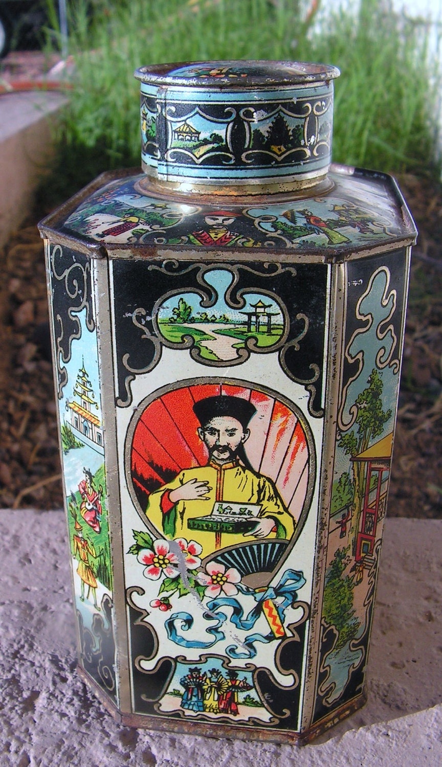 Antique Vintage Biscuit Tin Tea Caddy / Lidded Metal Canister