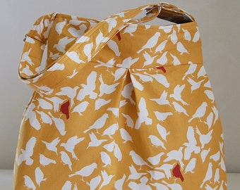 Birds on Gold Fabric Pleated Hobo Handbag / Purse - READY TO SHIP