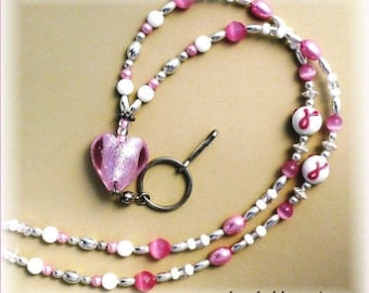Pink Ribbon Lanyard Beaded ,Badge Holder, Id Necklace