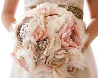 Brooch Bouquet, Fabric Wedding Bouquet, Silk flower style Cabbage Roses with rhinestone and pearl brooches, Shabby Chic Bouquet by Cultivar
