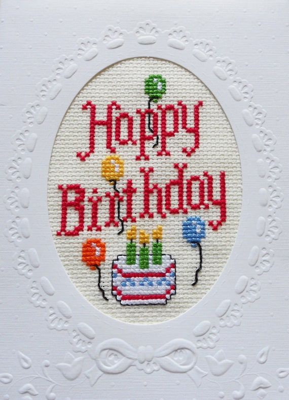 happy birthday cross stitched cake balloons greeting note
