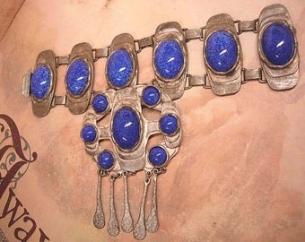 HUGE Blue Lapis and silver Bracelet and solje brooch