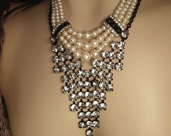 Pearl and rhinestone waterfall bib necklace set