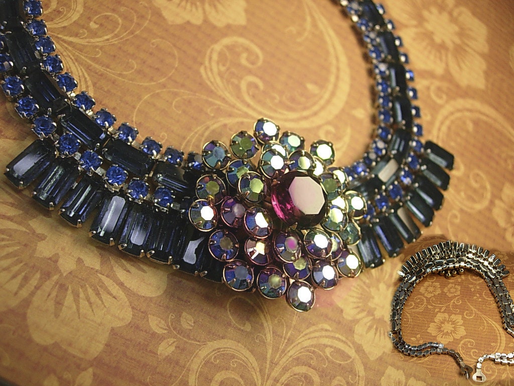 Vintage Rhinestone baguette Necklace BLUE glass by vintagesparkles