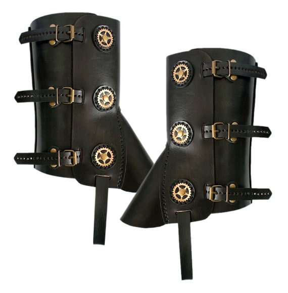 STEAMPUNK LEATHER GAITERS black leather gears decor Anatoray