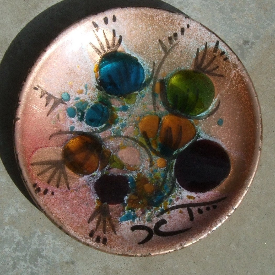California CLOISONNE Enamel on COPPER Art Plate Signed VINTAGE