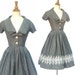 Reserved for Cupboardcook....Vintage 1950s Gray Dress / v neck with embroidered bottom
