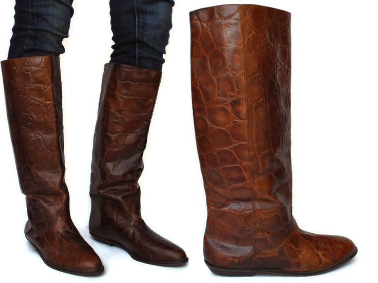 short flat brown leather boots