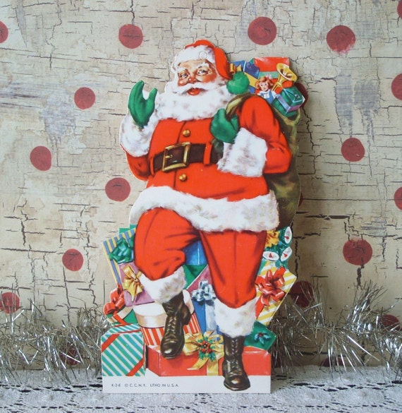 Vintage Die Cut Santa Claus Bank Savings Christmas Card