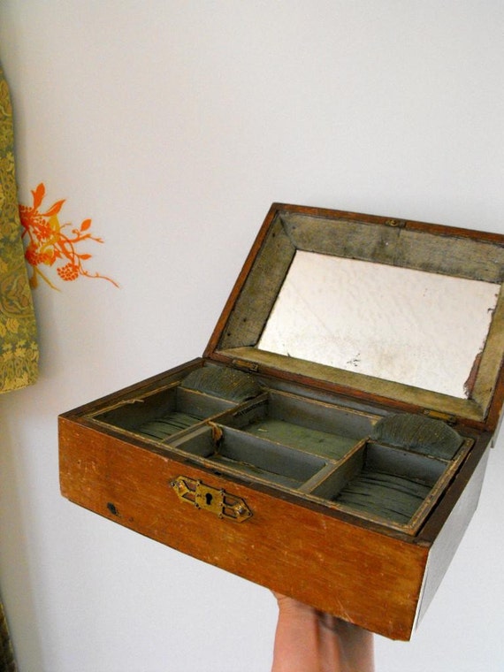 Antique wooden jewelry box with mirror totally worn inside