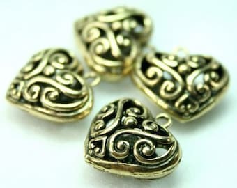 Antique Brass Filigree Heart Charms Lacy Floral - 4pcs
