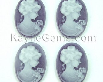Cameo 18x25mm Victorian Lady Portrait - White Face On Lavender Base P02 - 4pcs