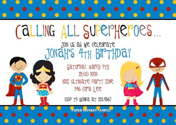 Super heroes Birthday Invitations - 1.00 each with envelope Il_570xn