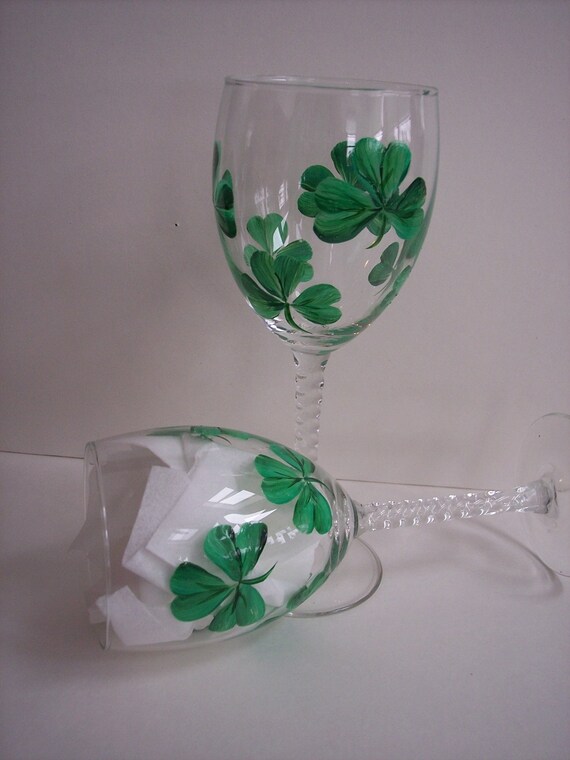 2 Shamrock Handpainted Wine Glasses
