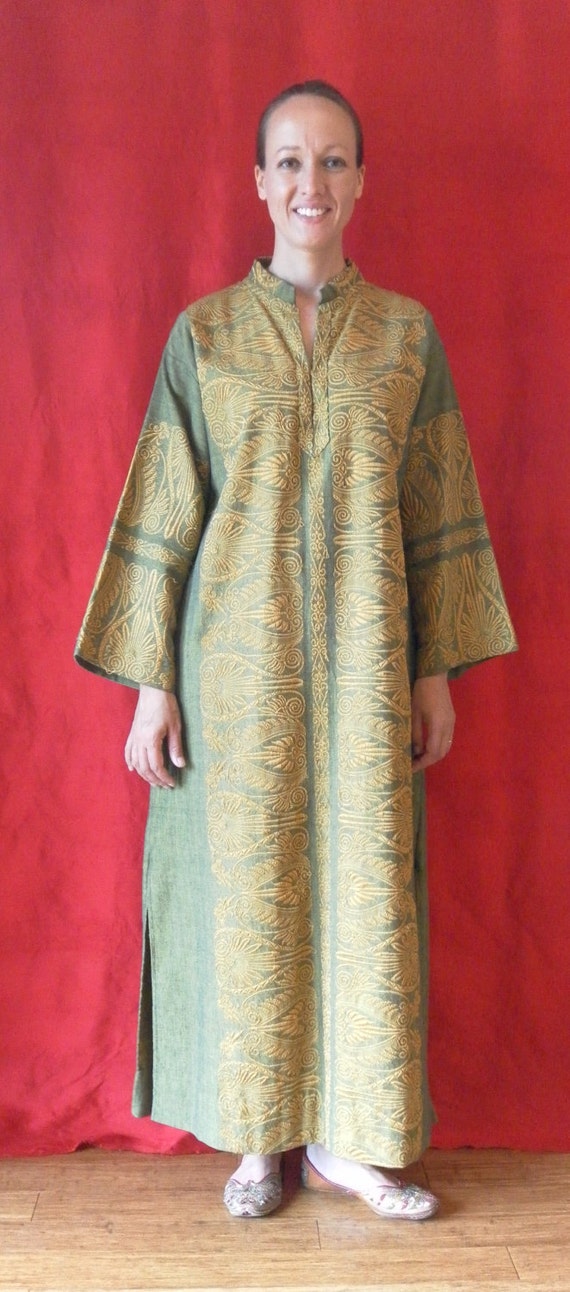 Embroidered Greek Kaftan Tunic Dress Green with Orange