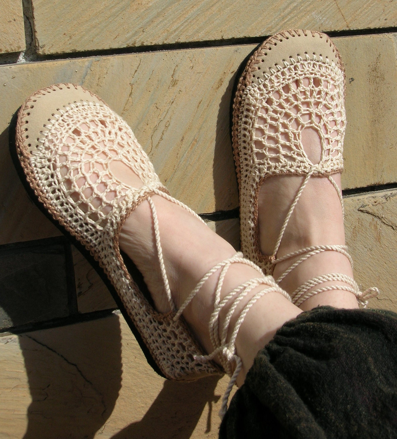 Lace up crochet SHOES Mary Jane Tan & Beige BEACH