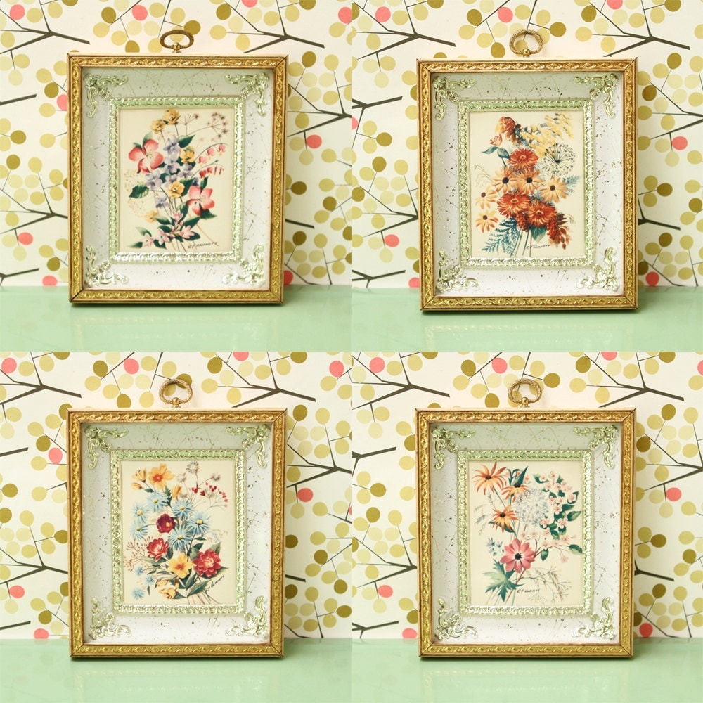 Vintage Framed Floral Prints by R.F. Harnett