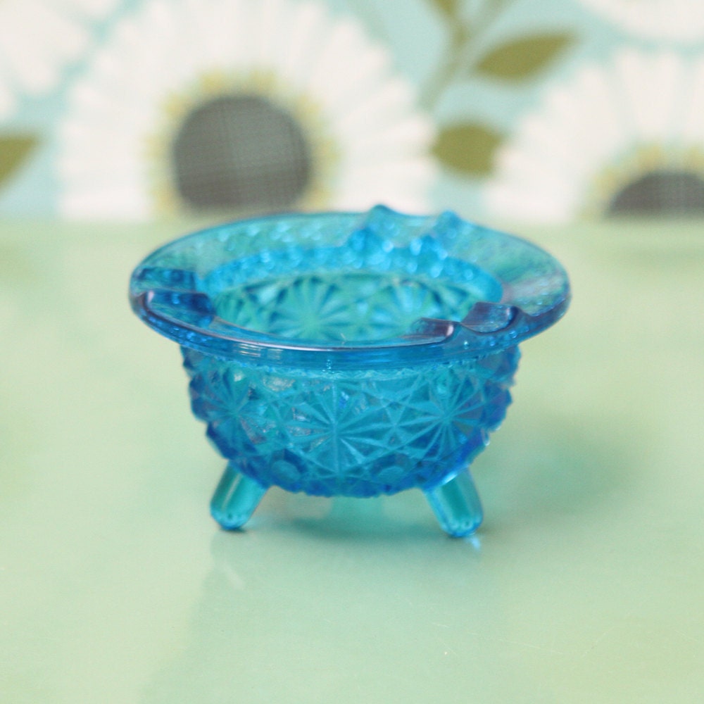 Vintage Ashtray Turquoise Blue Pressed Glass
