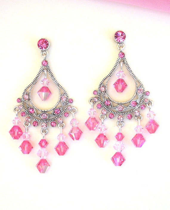 Pink crystal chandelier earrings Swarovski pink by Mindielee