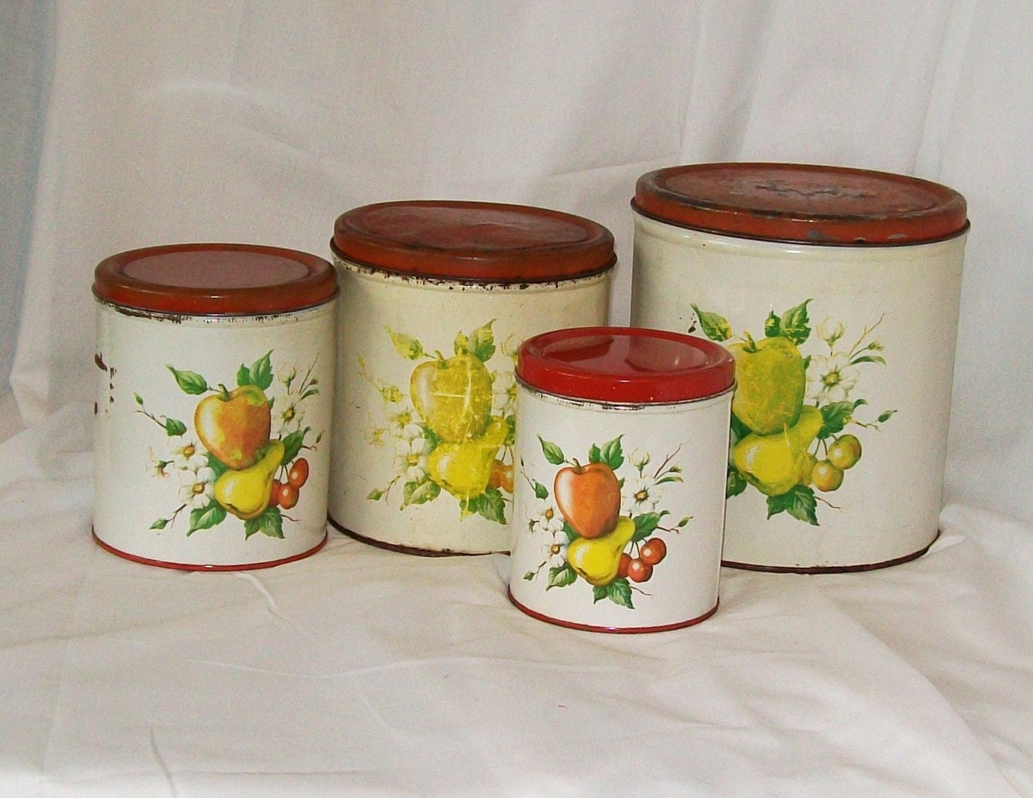 Vintage Tin Kitchen Canisters Fruit Decal Red Lid Set