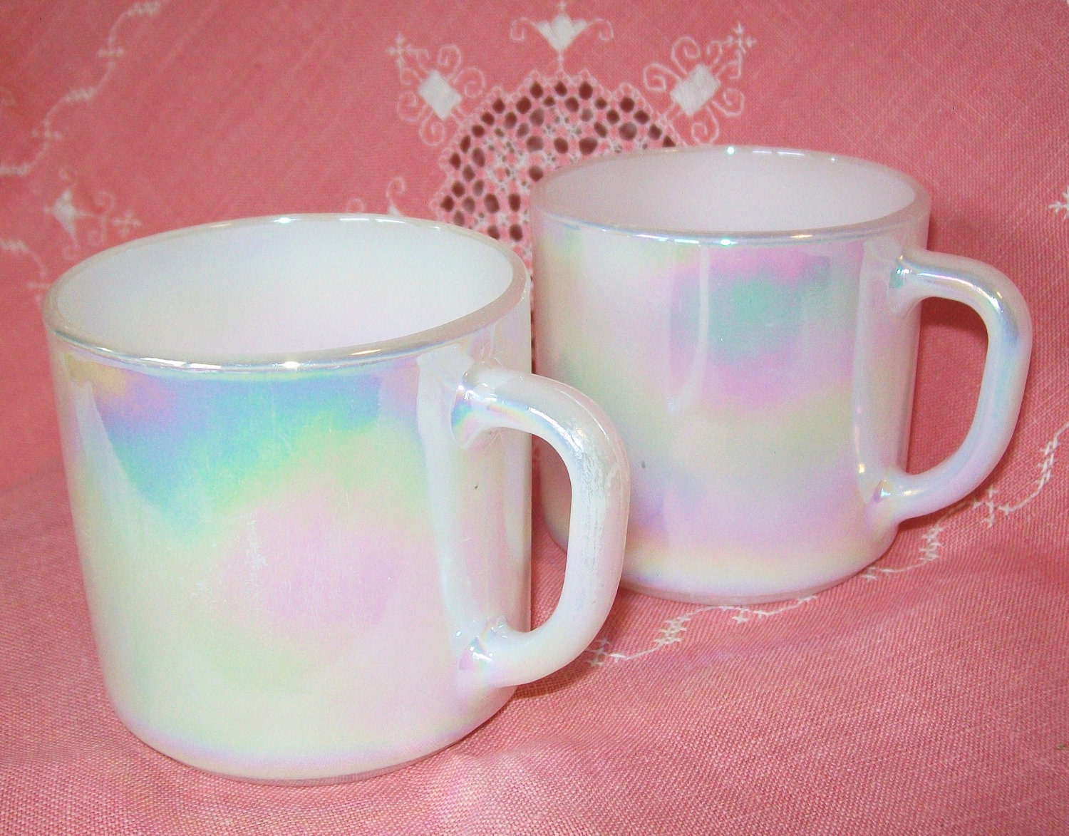 Federal Glass Iridescent Mugs Pair White Glass Coffee Cups
