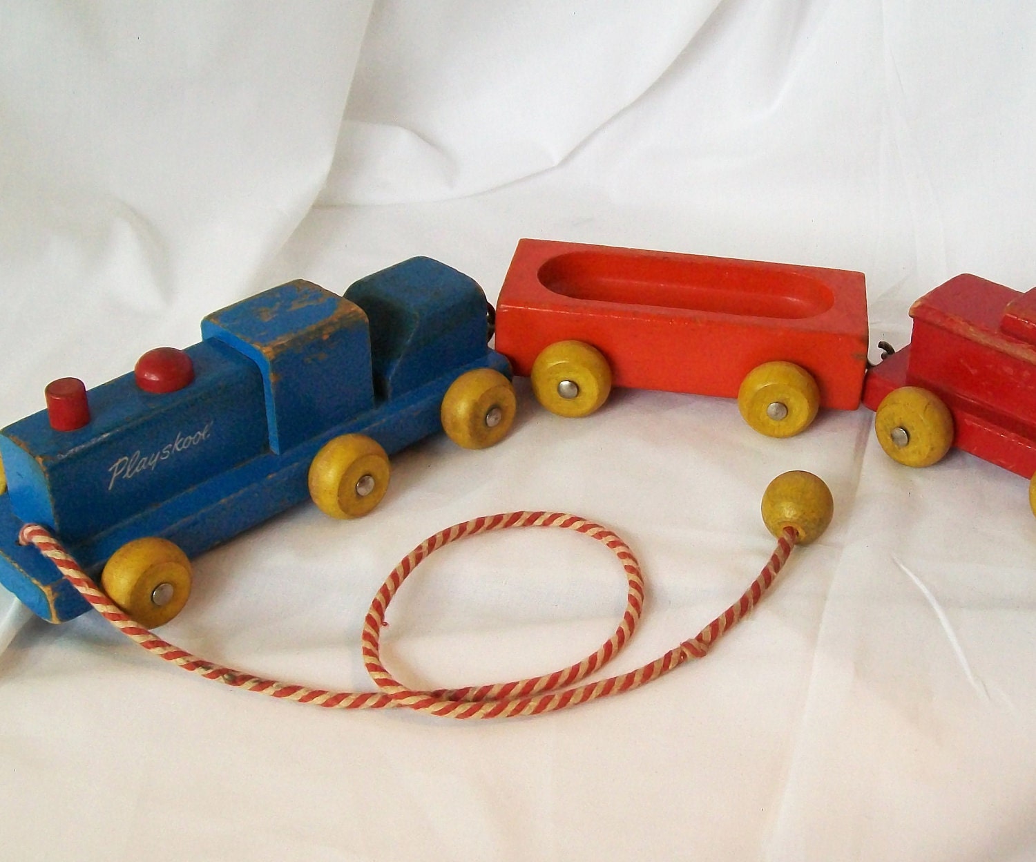 Playskool Wooden Train Pull Toy Vintage Wood Cars Blue Engine