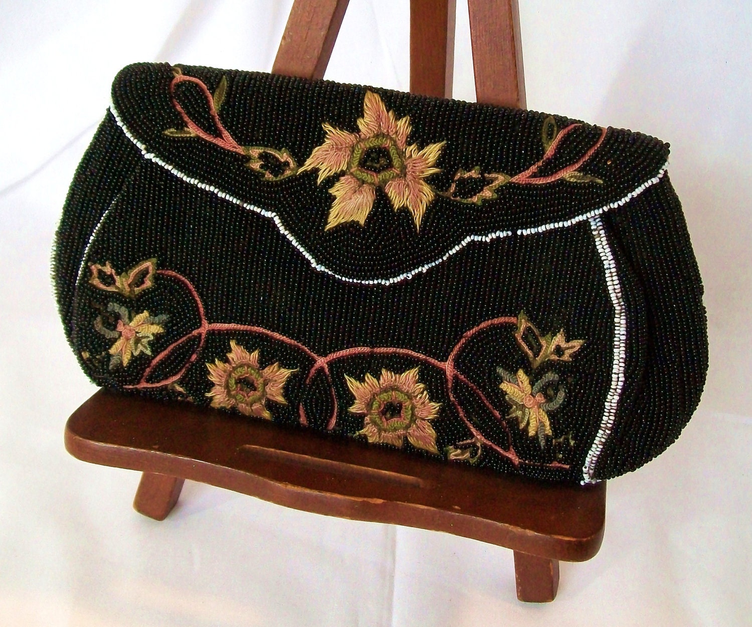 Vintage Beaded Clutch Purse Black Hand Bag with by pinkpainter