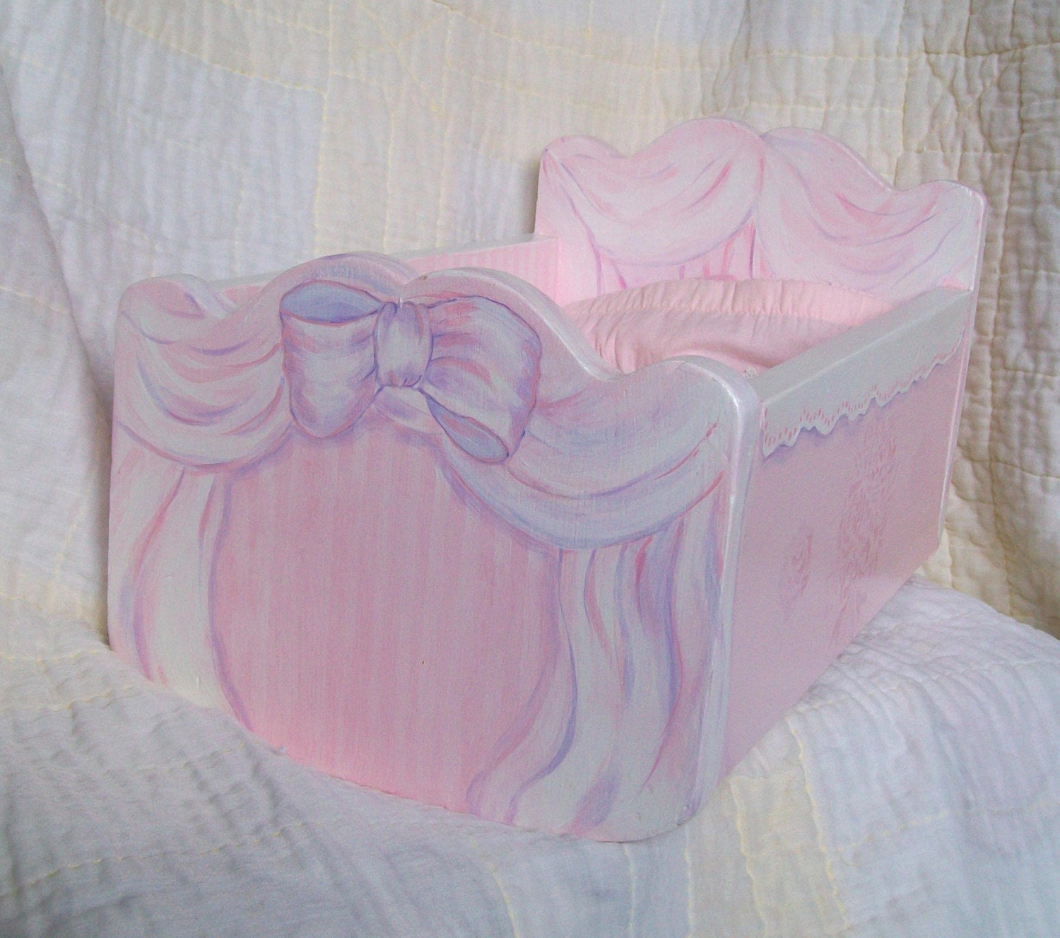 Hand Painted Pink Doll Cradle with Bedding Bitty Baby Size