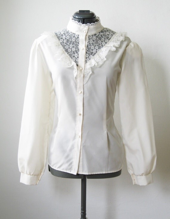 vintage 80s blouse ruffled white lace high neck