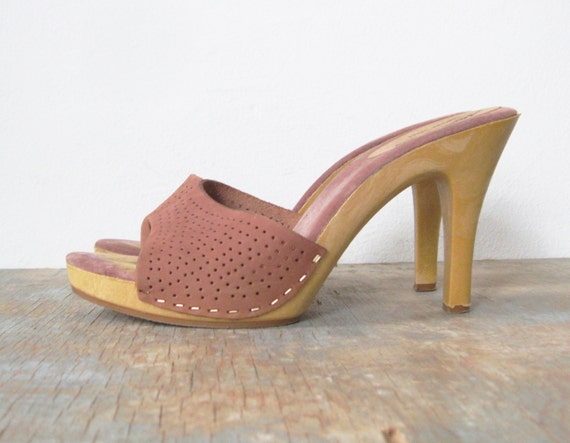 RESERVED vintage 70s faux wood mule high heel sandals