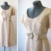 vintage 50s 60s pale pink floral lace raw silk dress with rhinestone bow sash