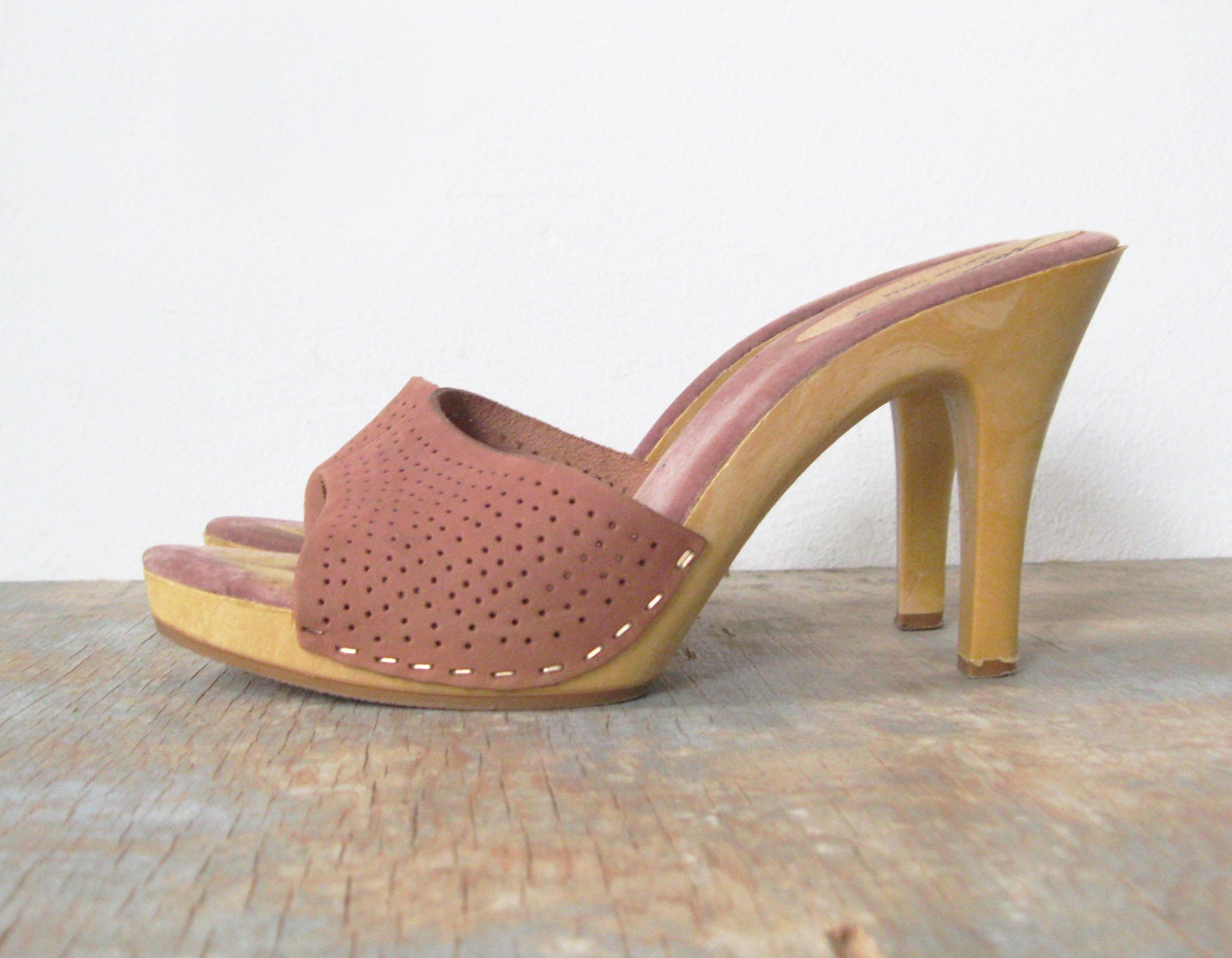 RESERVED vintage 70s faux wood mule  high heel  sandals 