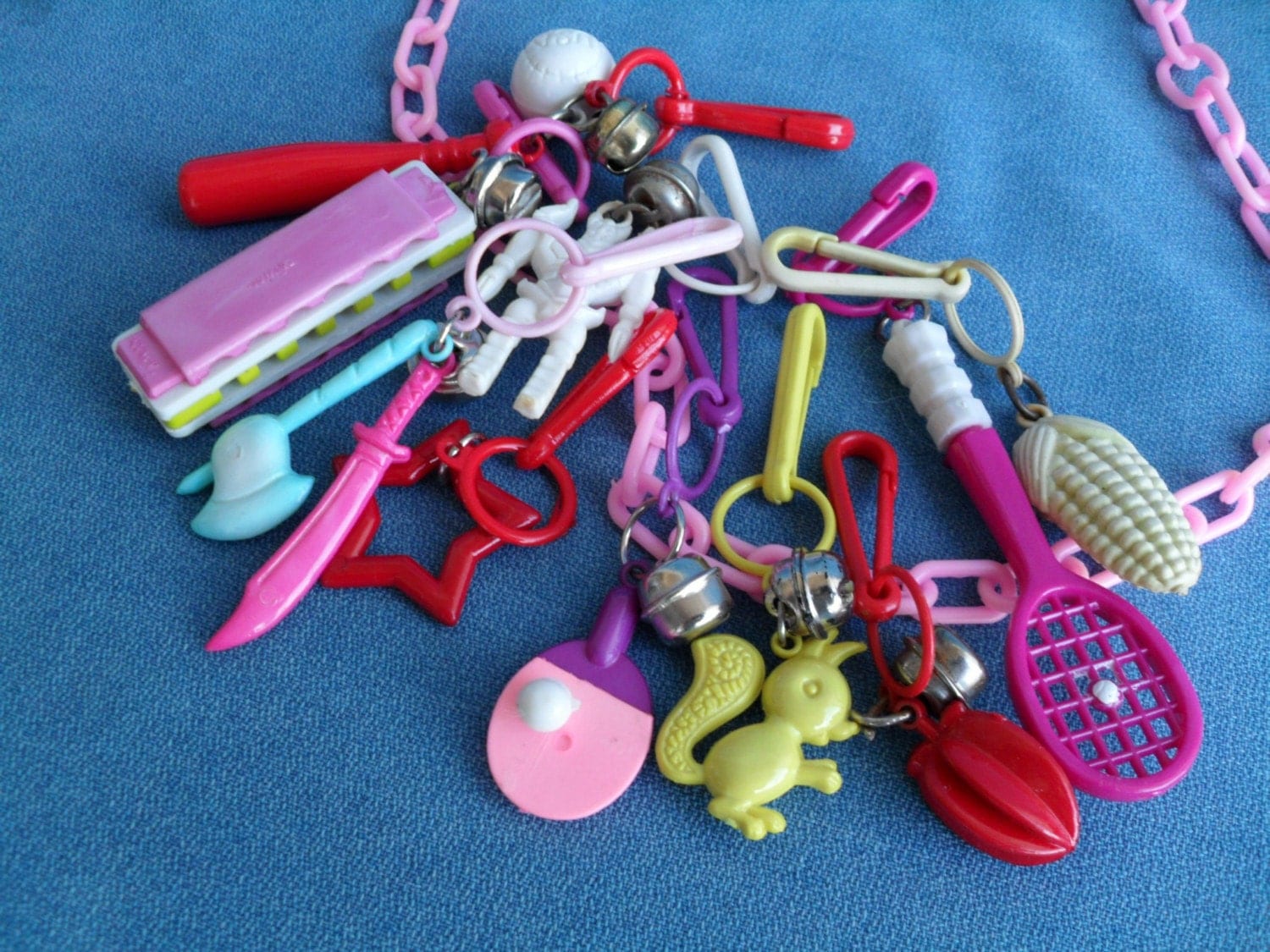 Vintage 80s Plastic Bell Clip Toy Charm Necklace Jewelry