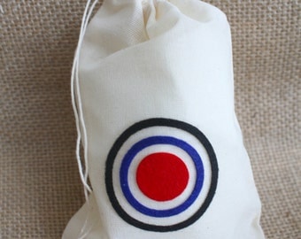 BRAVE bulls eye, CHANGE your FATE, muslin drawstring bag, birthday party favor (24 individual bags)