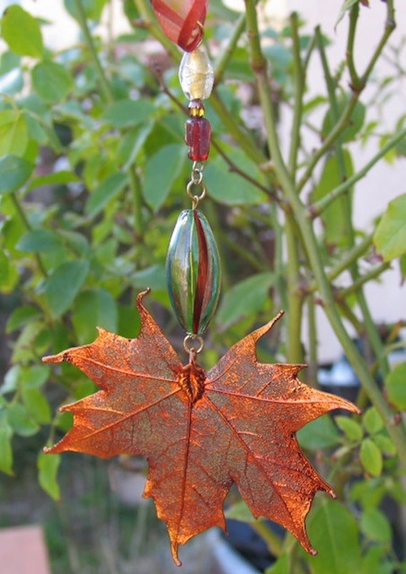 Items similar to Copper Maple Leaf with Murano Glass Bead Christmas