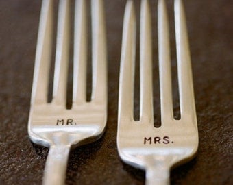 Mr Mrs Wedding Fork Set Hand Stamped Vintage Flatware Featured on Style Me Pretty 3.2012