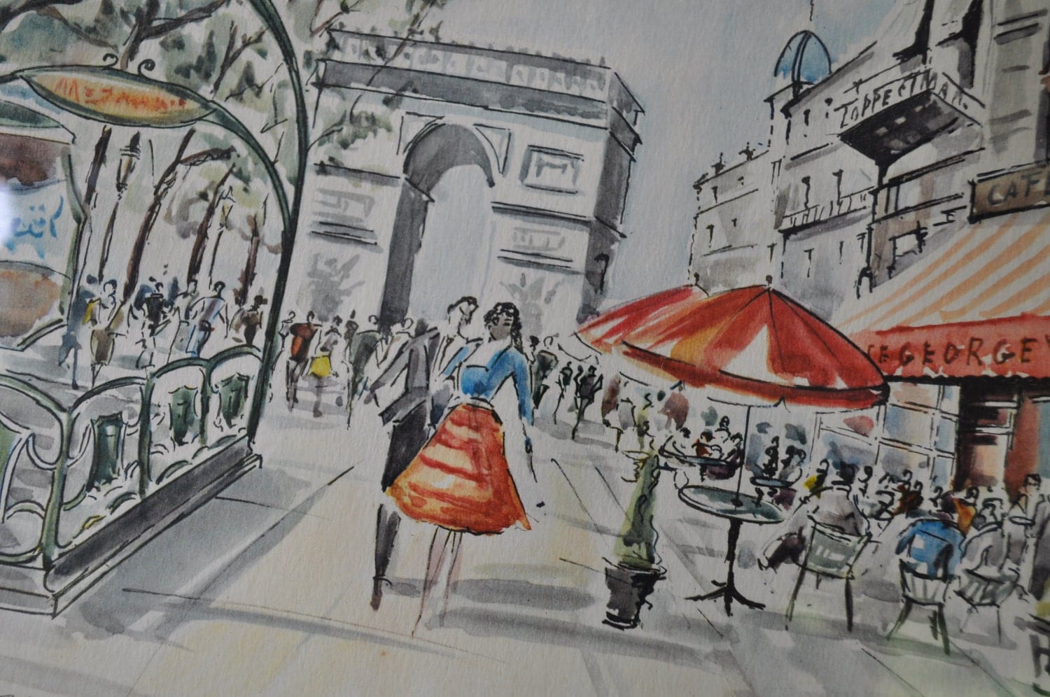 Champs Elysees Vintage 1950s Original Watercolor Painting