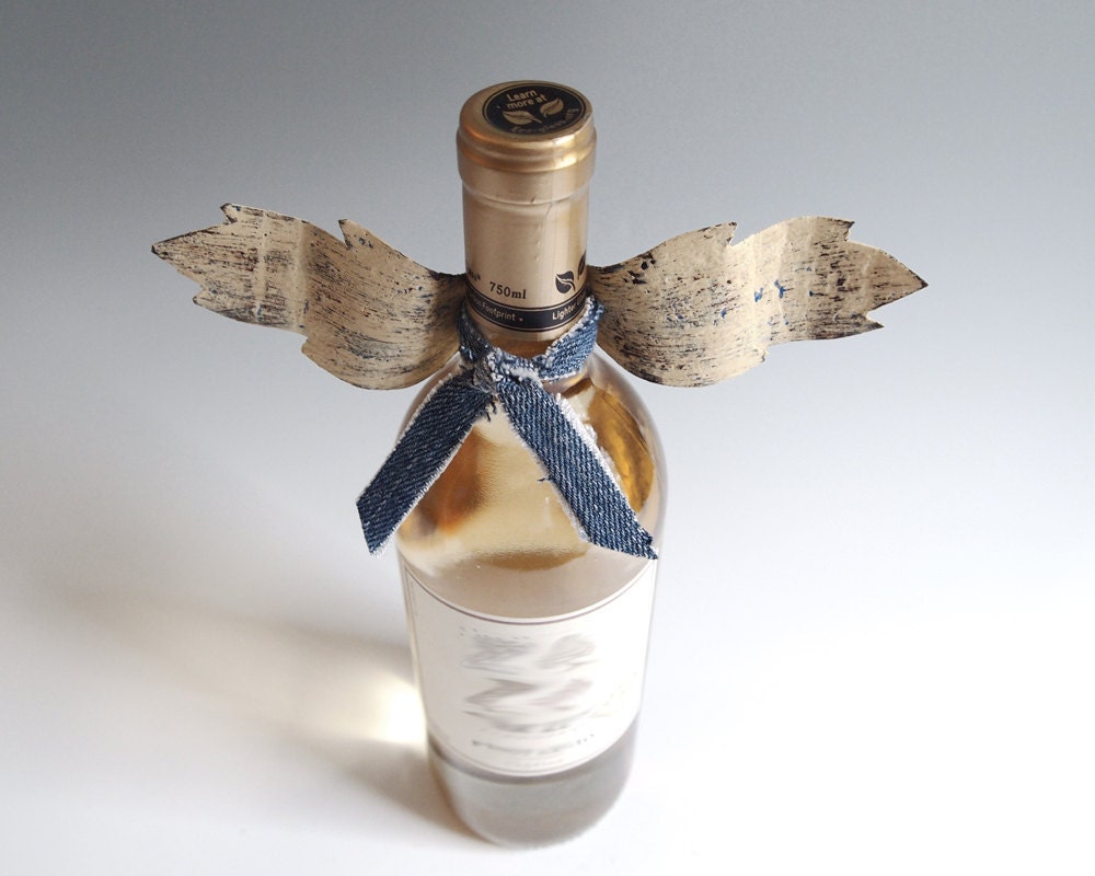 Wine Bottle Accessory Angel Wings Kitchen Decor Metal Denim