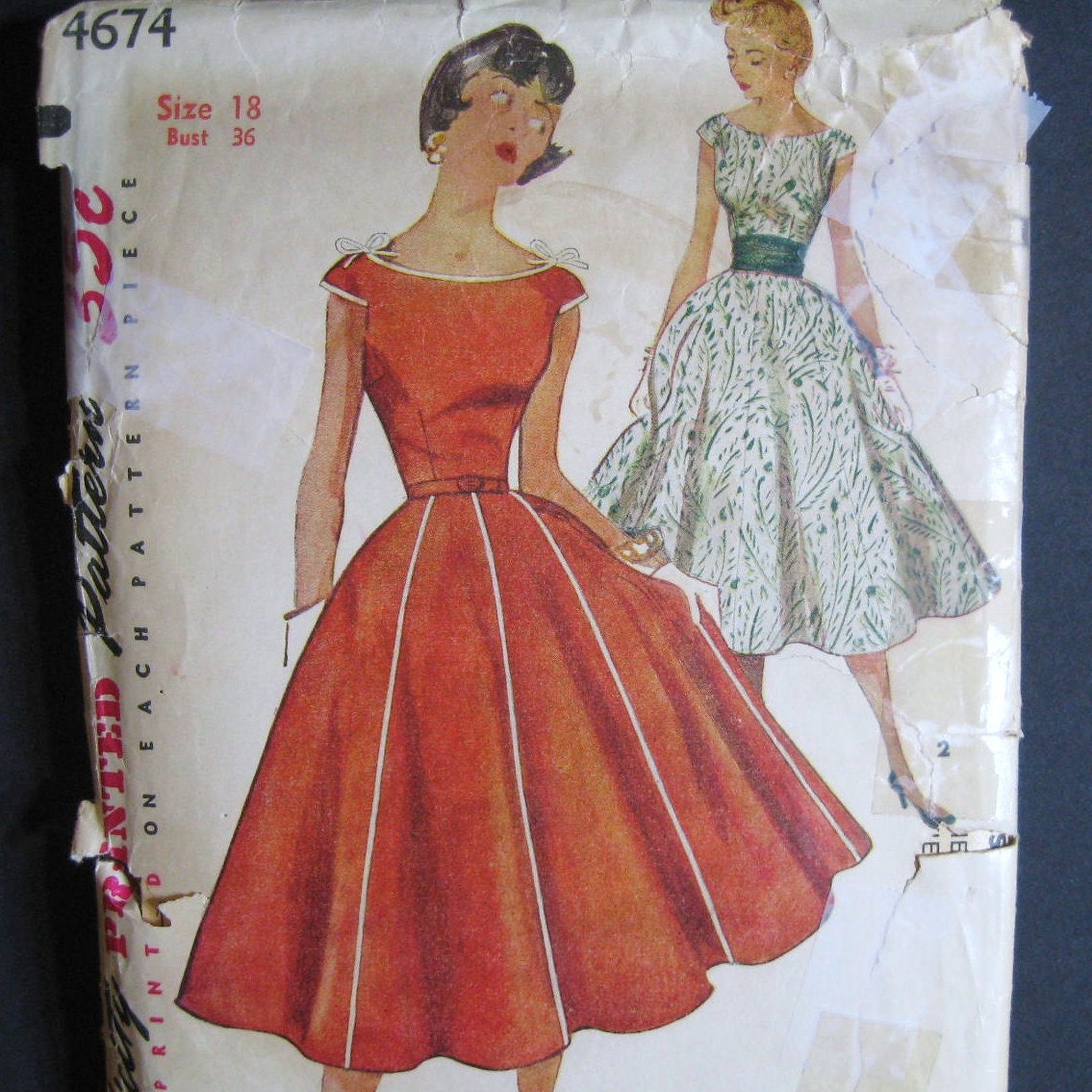 Vintage 50s Boat  Neck  Dress  Pattern  Full Skirt Fitted Bodice