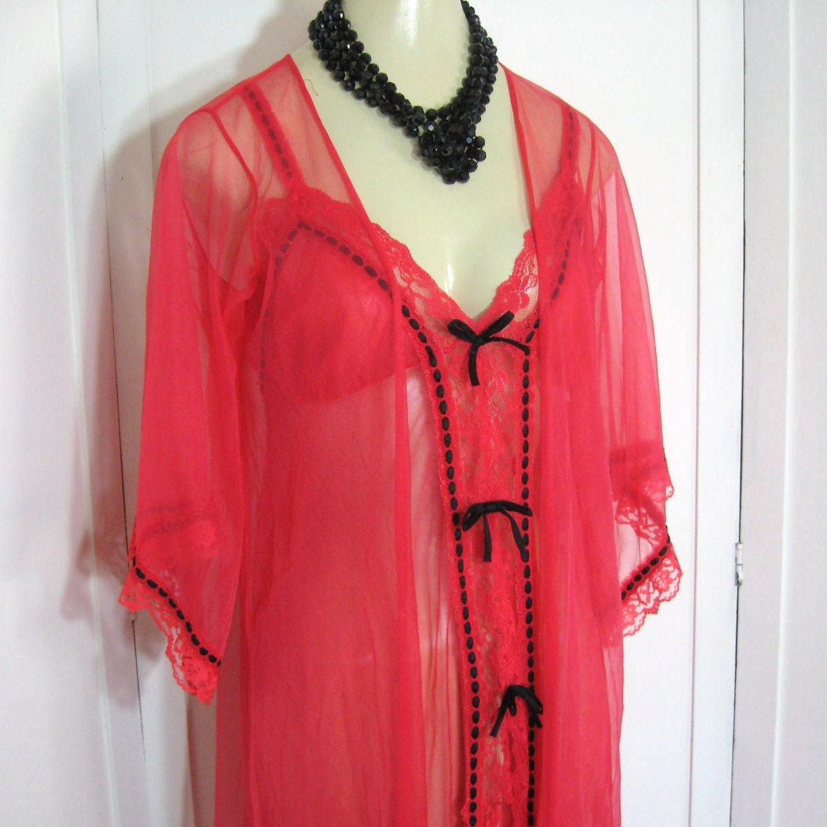Vintage Peignoir Set 2 Piece Sheer Nylon Red and Black