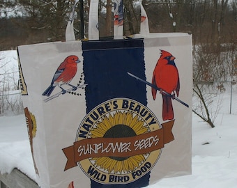 Upcycled Reusable market grocery tote bag for bird lovers
