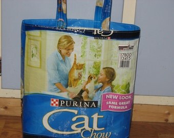 Upcycled Reusable market grocery tote bag for cat lovers