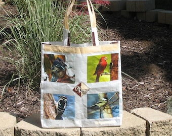 Upcycled Reusable market grocery bag for bird lovers