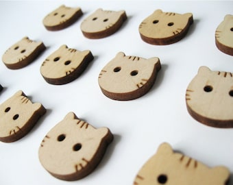 Wood Button Cat Face Shaped Natural dyed Wooden Button Set of 6 (BB107)
