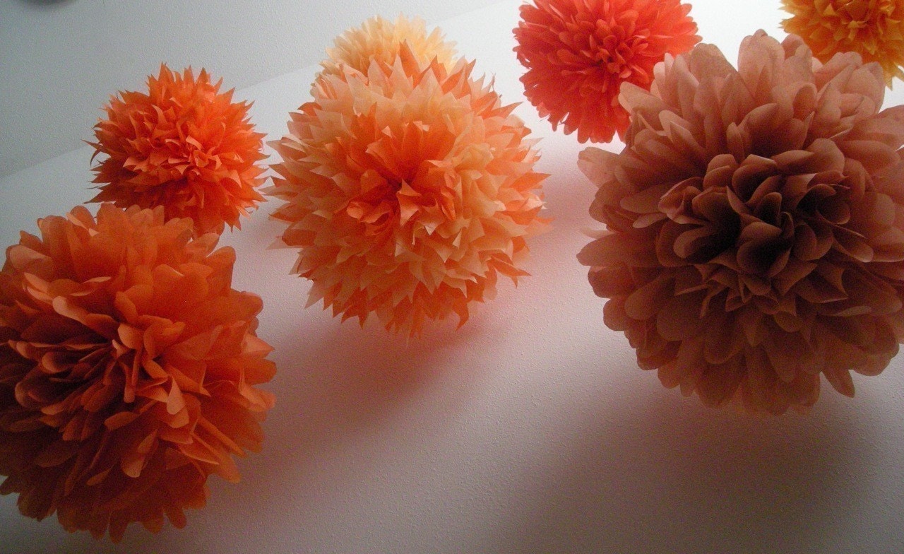 SALE / ORANGE tissue paper pom poms / set of 10 / rustic barn