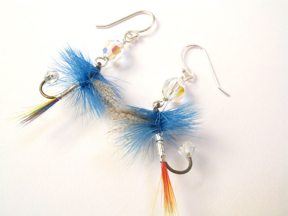 Fishing Fly Lure Earrings Blue Red Yellow Silver