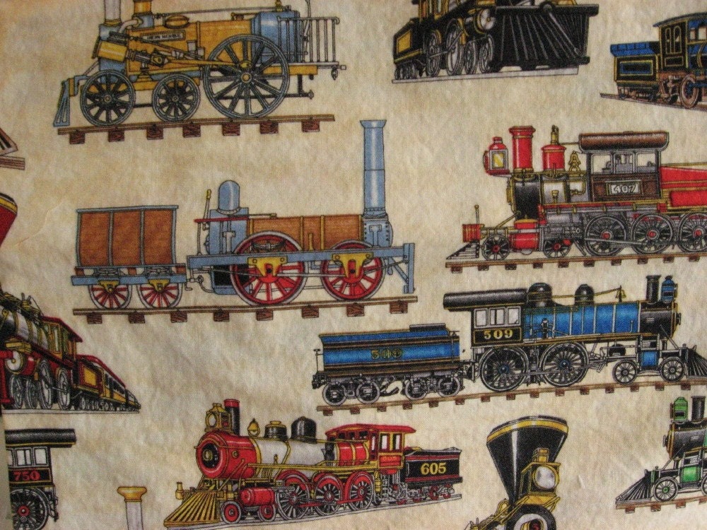 Steam Locomotive Train Fabric 1 YARD Cut by SimpleGirlSimpleLife