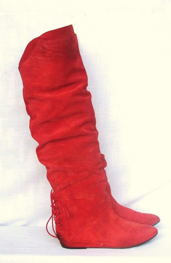 red tall flat boots
