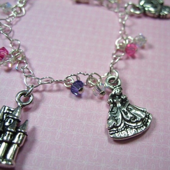 Fancy princess charm bracelet sterling silver heart chain