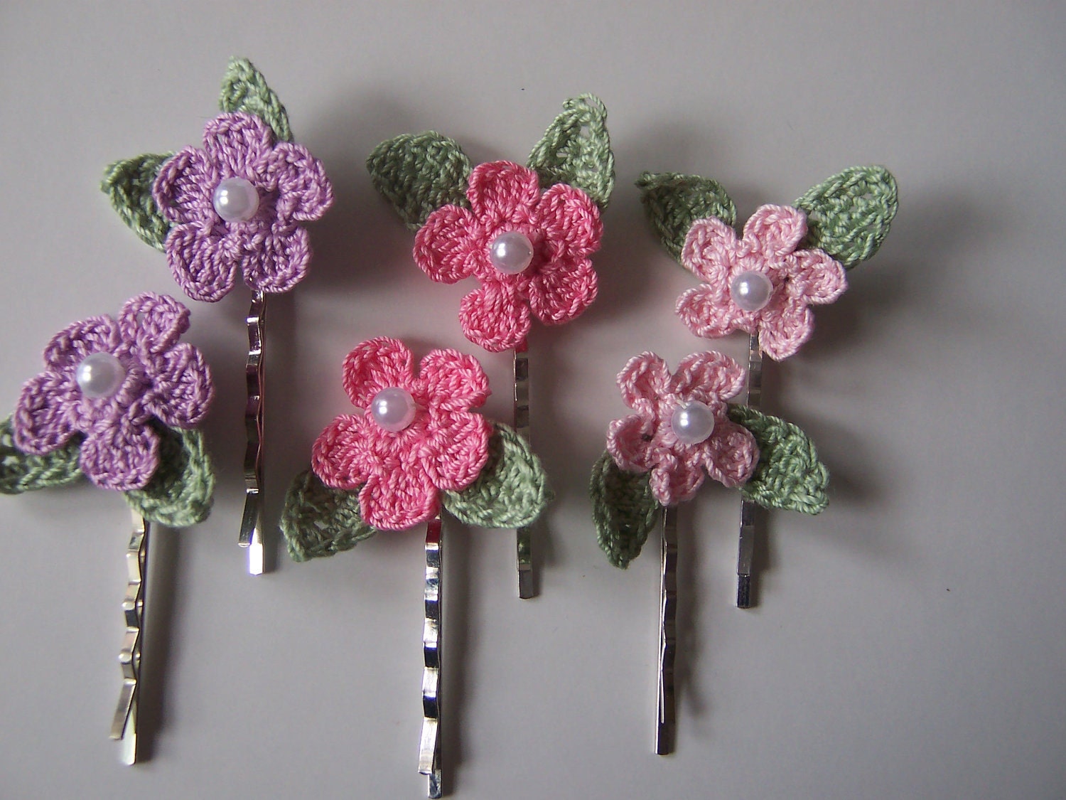 Crocheted Flower Bobby Pins Hair Decor Pink and Purple